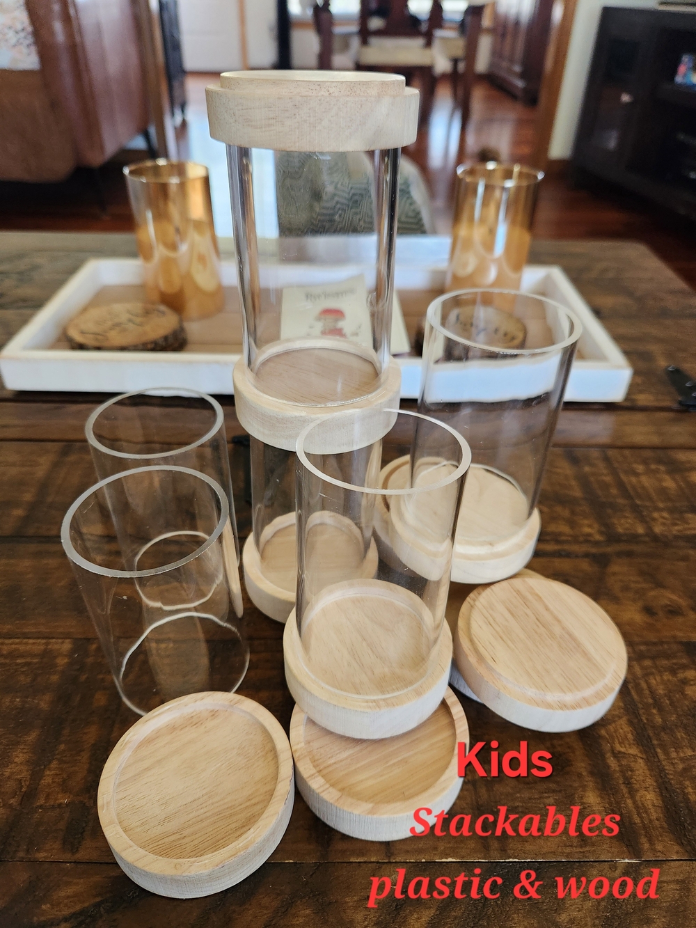 Kids Stackable Wooden & Clear Plastic Cups - Natural